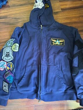 Men's Navy Blue Full-Zip Hoodie with Patch Detail